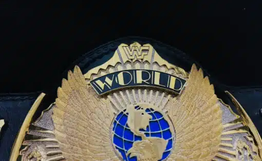 Close-up view showcasing the deep HD engraving on the gold-plated main plate of the Winged Eagle Championship Belt