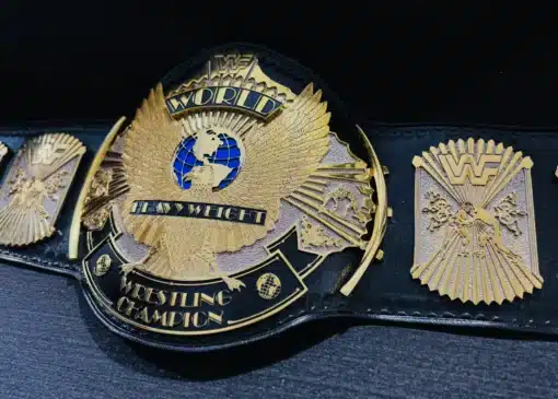 Close-up view showcasing the deep HD engraving on the gold-plated main plate of the Winged Eagle Belt.