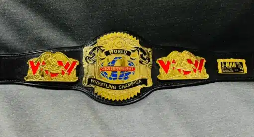 Full front view of the WCW Cruiserweight Championship Belt with gold-plated plates and real leather strap.