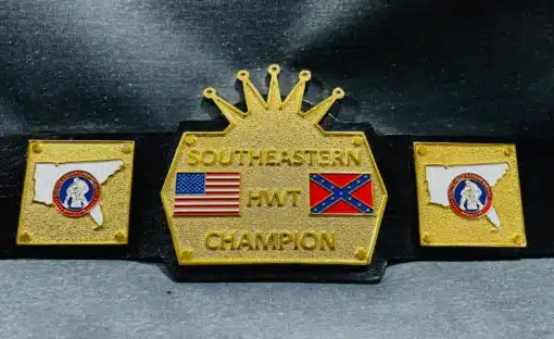 The back view of the black leather strap used in the Southeastern Heavyweight Championship Belt.