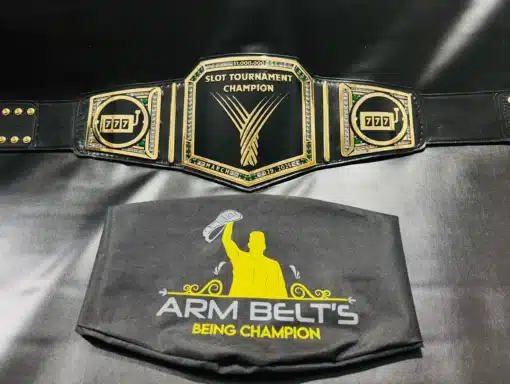 Fully customizable casino champion belt featuring slot machine graphics and branding.