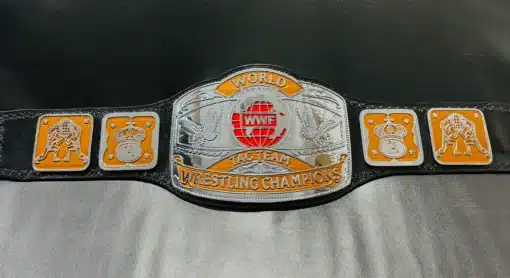 Full-length view of the WWF Tag Team Championship Belt, featuring its adjustable real leather strap.