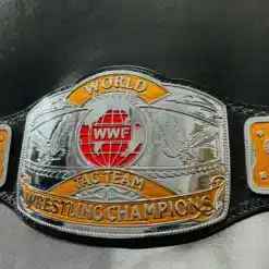 Side angle of the WWF Tag Team Wrestling Belt, showcasing its depth, plate thickness, and craftsmanship.