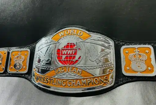 Side angle of the WWF Tag Team Wrestling Belt, showcasing its depth, plate thickness, and craftsmanship.