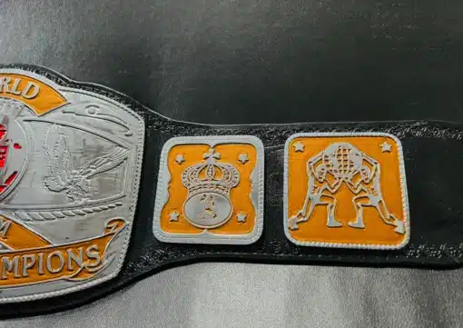 Zoomed-in shot of the engraved details on the WWF Tag Team Wrestling Championship Belt.