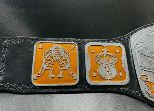 High-quality side plates of the WWF Tag Team Wrestling Belt, featuring painted details and a polished chrome look.