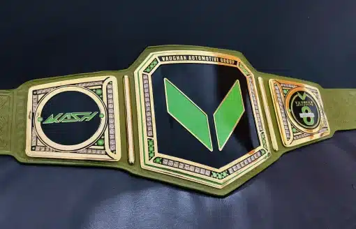Custom branded Tournament Championship Belt with green enamel and crystal accents