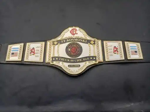 Premium firefighter championship belt with gold-plated plates, customizable with department logos and text for recognition.