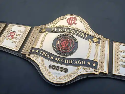 Custom gold-plated firefighter award belt, featuring personalized text and logos for firefighter departments.