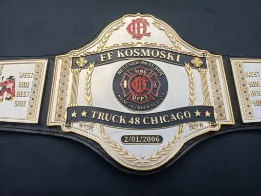 Employee recognition belt for firefighters, customizable with names, dates, and service accomplishments.