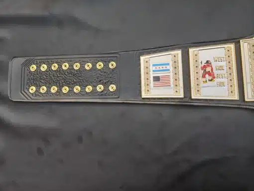 Real leather strap firefighter championship belt with intricate gold-plated engravings and department-specific designs.