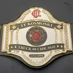 Firefighter team award belt, featuring custom engraving and logos, perfect for team achievements and firefighter competitions.
