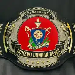 A custom Navy Damage Control Championship Belt, USS Oak Hill Edition, honoring military excellence and dedication.