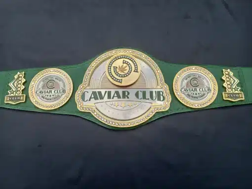 Green and gold belt designed for Caviar Club's premium herb-based events