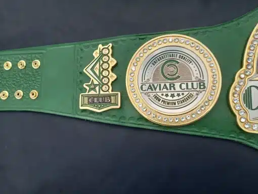 Statement belt for 420-friendly communities with gold finish and embossed logos