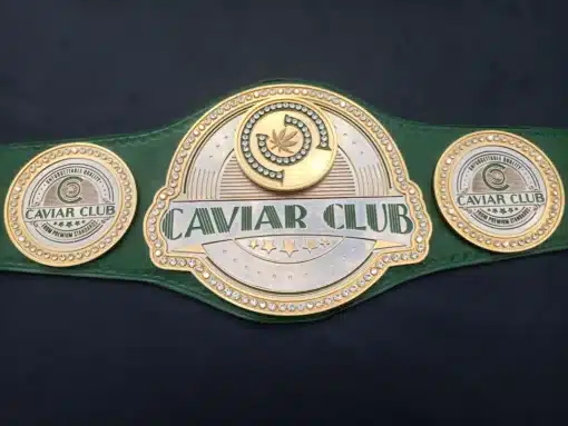 Custom center plate belt for cannabis brand identity and VIP club promotions