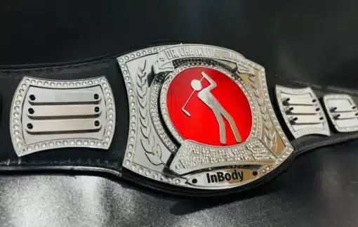 Custom championship belt designed for corporate events, featuring a genuine leather strap and fully customizable engraving options.