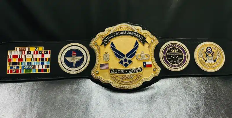 Custom military belt gift featuring engraved Air Force insignia and decorations