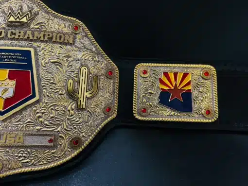 Custom Arizona fantasy football belt with engraved name plate for personalized league branding.
