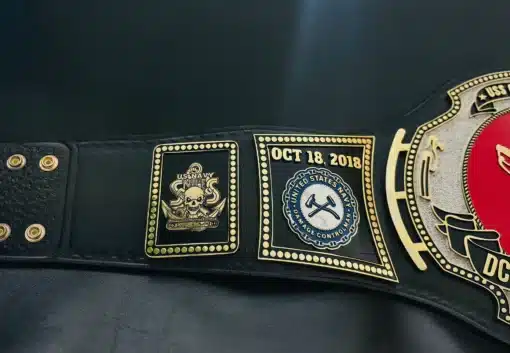 A custom Air Force Achievement Medal Championship Belt, Falcon Edition, honoring exceptional achievement in the U.S. Air Force.