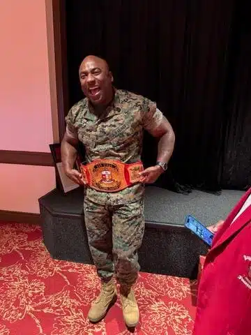 Custom Marine Corps promotion award belt with badges and ribbons