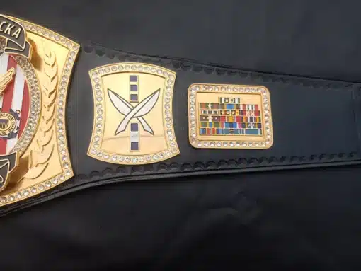 Veteran recognition belt with military ribbons, personalized side plates, and "Don't Tread On Me" tip