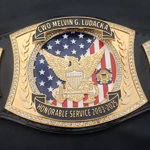 Tribute belt with nameplate, branch symbols, and full-color ribbons for military service honors