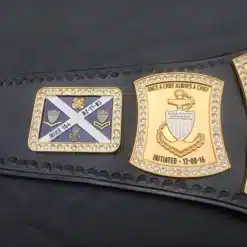 Custom engraved belt for retiring military personnel with branch-specific symbols and custom text