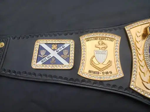 Custom engraved belt for retiring military personnel with branch-specific symbols and custom text