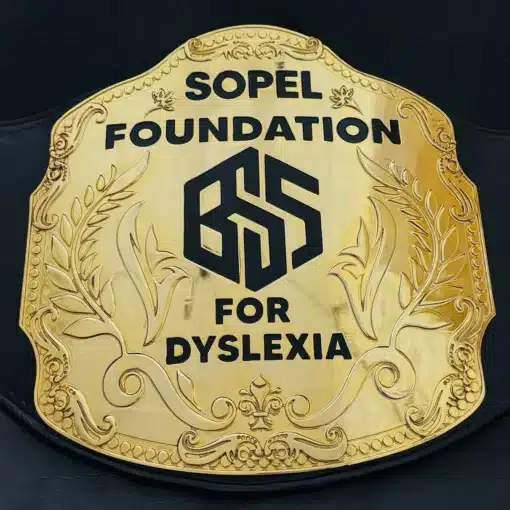Gold engraved charity award belt on black leather for foundation and nonprofit recognition