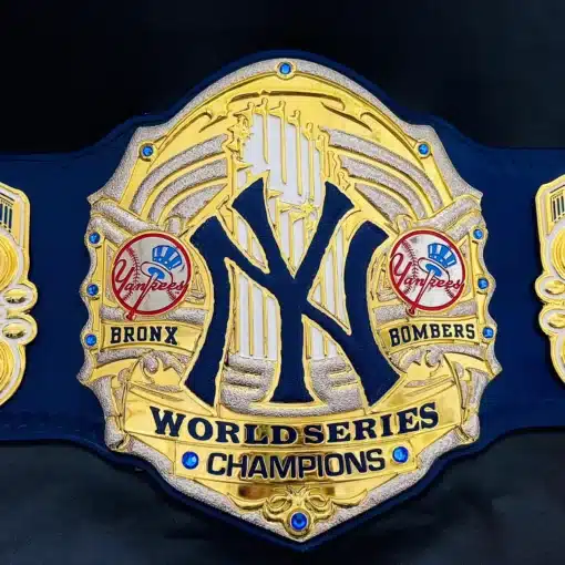 Custom Yankees baseball championship belt with engraved gold plates