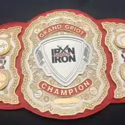 personalized tribute championship belt with red leather strap and deep-etched gold plates