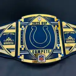 Custom Indianapolis Colts sports performance championship belt with gold plated plates and genuine leather strap
