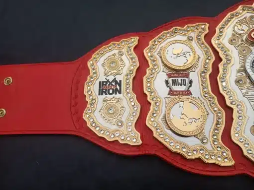 Red leather championship belt honoring leadership with custom engraved names and titles