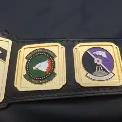 Durable genuine leather strap with gold buckle and stitched trim for military awards.