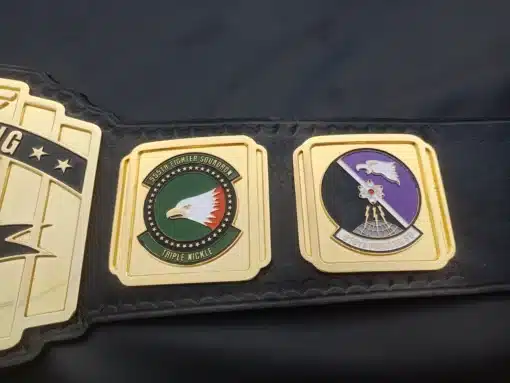 Durable genuine leather strap with gold buckle and stitched trim for military awards.
