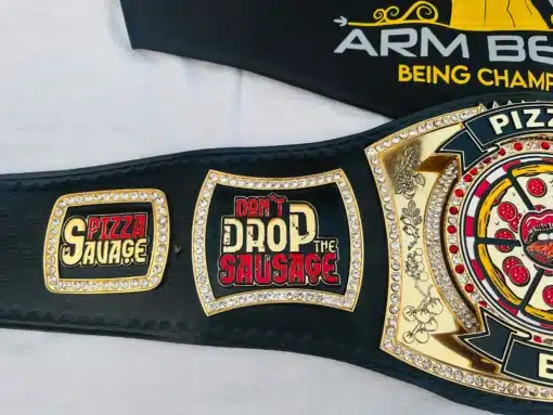 Custom spinner championship belt used as a food competition award for pizza events and contests.