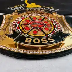 Unique pizza design belt with spinning function and bold lip artwork in the center.