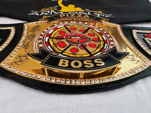 Unique pizza design belt with spinning function and bold lip artwork in the center.