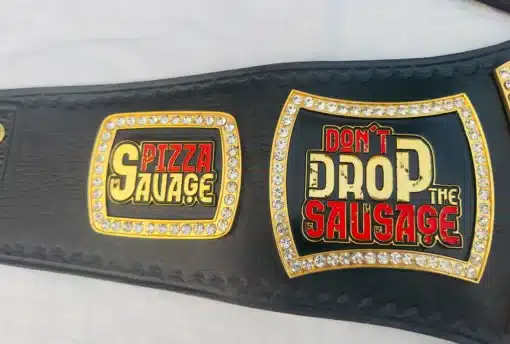 Hilarious food belt featuring pizza boss theme and cheeky engraved quotes.