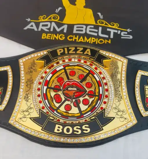 Custom spinner championship belt used as a food competition award for pizza events and contests.