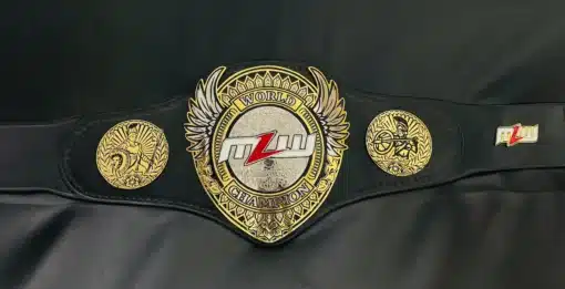 4mm thick gold etched MLW wrestling belt with real leather strap and shiny finish