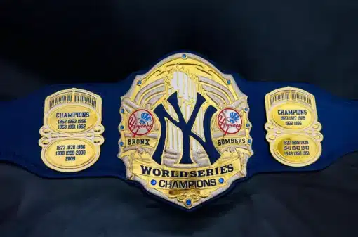 Gold-plated Yankees replica championship belt on leather strap