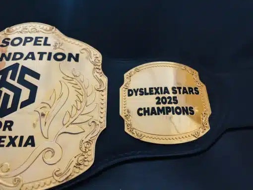 Customizable text plate on side of gold recognition belt for foundation and corporate honors