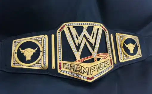 Premium wrestling belt replica made with real black leather and iconic bull logos