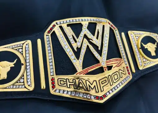 Display-worthy WWE replica belt with shiny gold finish and crystal-studded detailing