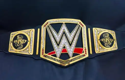 WWE World Heavyweight Championship belt with RKO details ideal for display or event awards