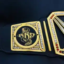 Detailed close-up of RKO snake logo on WWE replica belt side plate with gem border