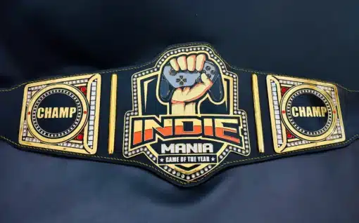 Custom gaming championship belt with controller logo for Indie Mania Game of the Year winner.