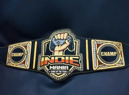 Engraved gaming belt featuring a raised fist holding a controller.